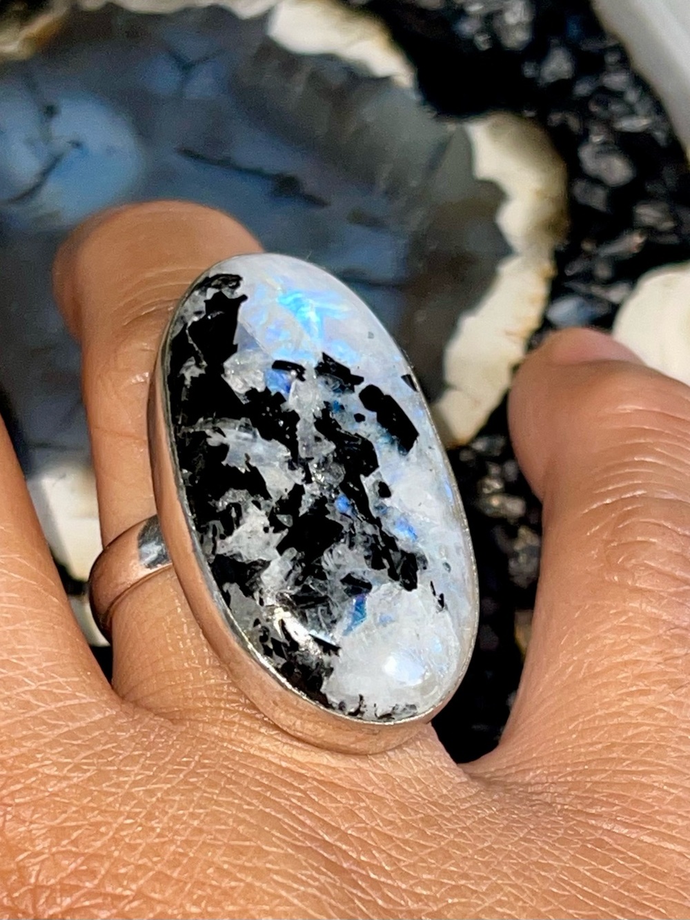 Rainbow Moonstone with Tourmaline Crystal Ring Size 8 1/4